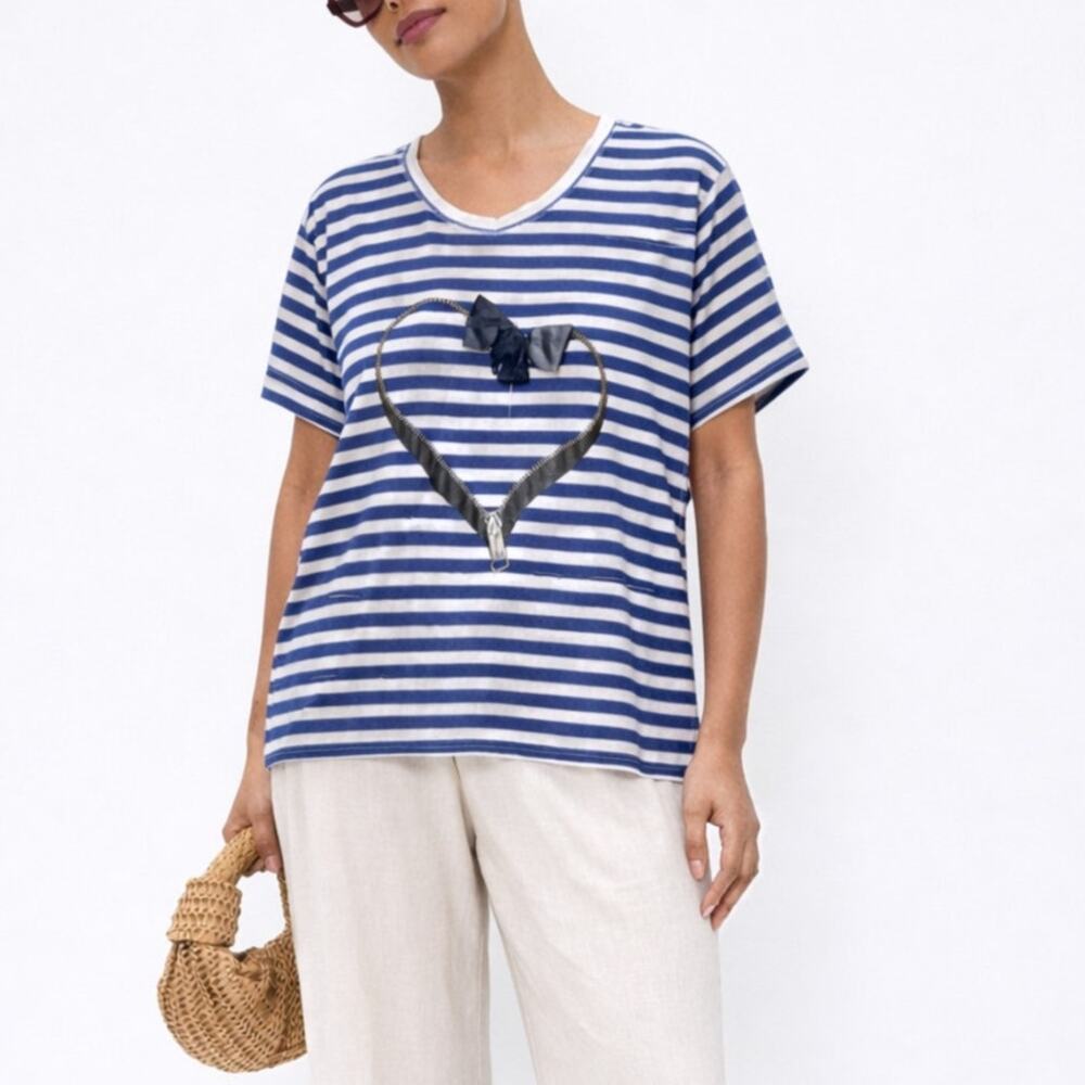 Sonia by Sonia Rykiel Breton Stripe Heart Graphic Tee Blue Womens Sm